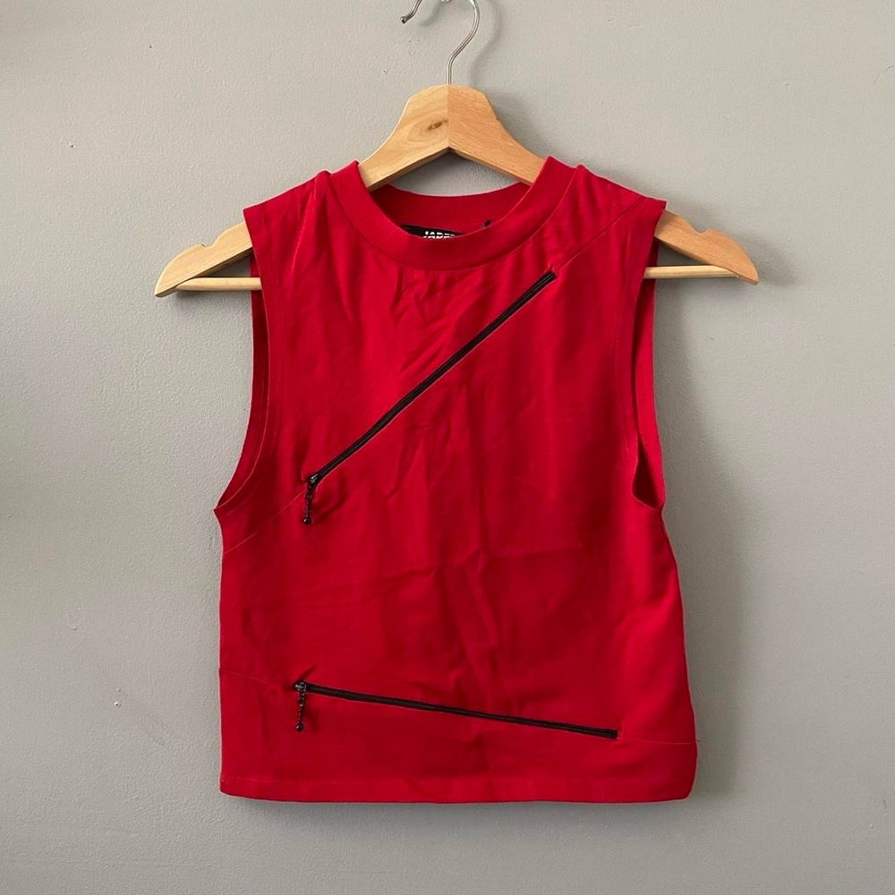 Red Sleeveless Top with Zipper Accents